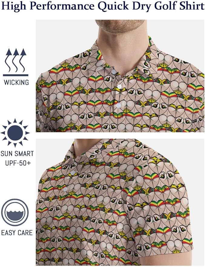 HUURAY Funny Golf Polos for Men Funny Print Short Sleeve Shirts Quick Dry Polo Shirts Hawaiian Shirt Performance Golf Outfits