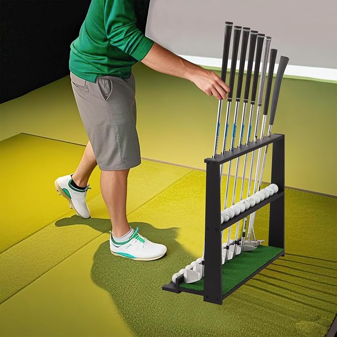 Wooden Golf Putter Stand with Ball Storage - Holds 8 Clubs & 22 Golf Balls, Space-Saving Golf Club Holder for Indoor/Home/Office/Simulator/Driving Range - Golf Accessories & Training Aid