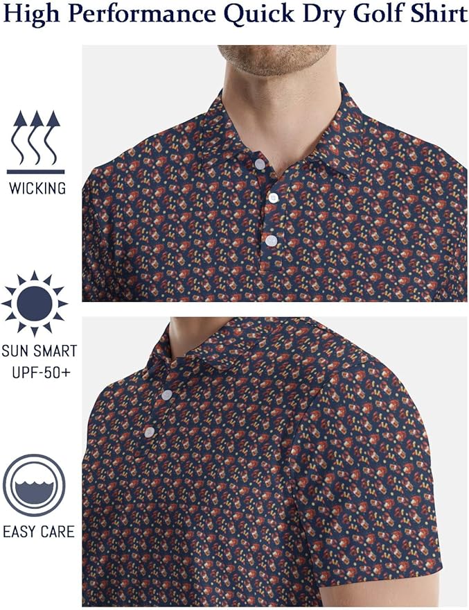 HUURAY Funny Golf Polos for Men Funny Print Short Sleeve Shirts Quick Dry Polo Shirts Hawaiian Shirt Performance Golf Outfits