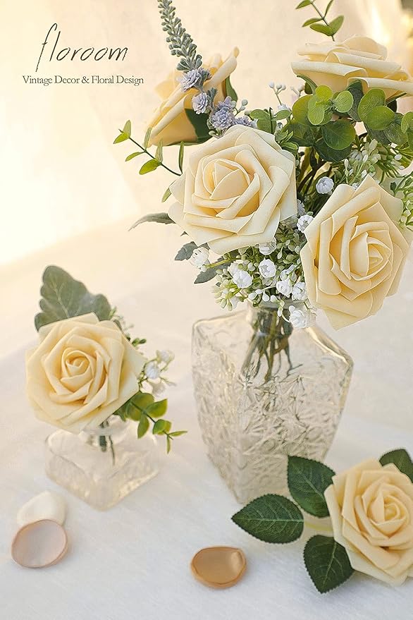 Floroom Artificial Flowers 50pcs Real Looking Creamy Yellow Foam Fake Roses - Image 3