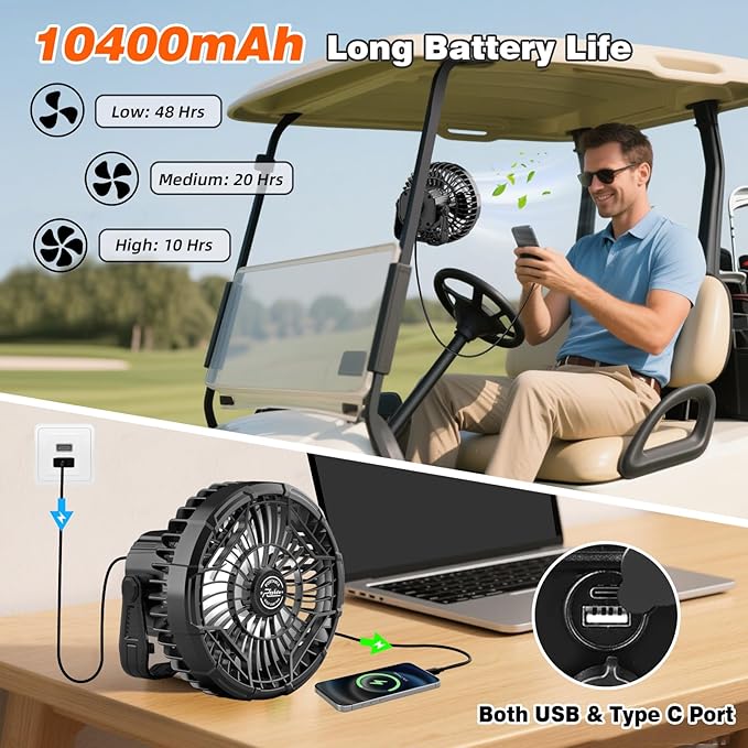 Roykaw 10400 mAh Magnetic Golf Cart Fan Portable Rechargeable Battery Powered, 24+ Hrs, w/LED Lights, Compatible with EZGO/Club Car/Yamaha & All Ironic-Body, Cordless & Remote Control, 1 PC