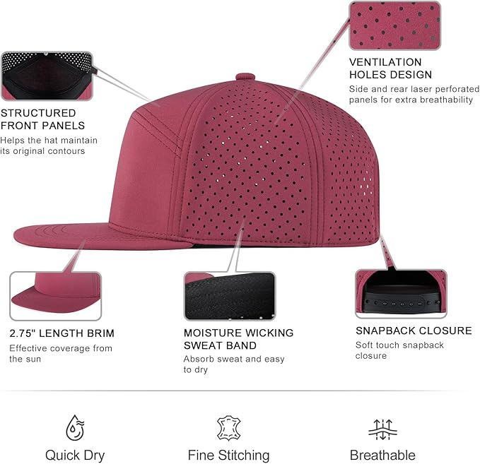 FEINION Men Flat Brim Adjustable Performance Hat Snapback Laser Perforated Baseball Cap