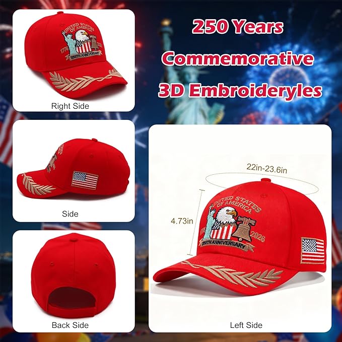 2 Pack 250 Anniversary USA Hat Embroidered Eagle & Liberty，Adjustable Patriotic American Flag Baseball Caps for Men Women