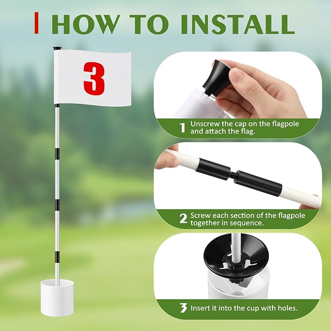 Golf Flag Stick 6ft, 3 Set Putting Green Flags with Hole Cup & Flagstick, Numbered Pin Flags for Backyard Yard Driving Range Chipping Green, Practice Accessories Gift for Men(White)