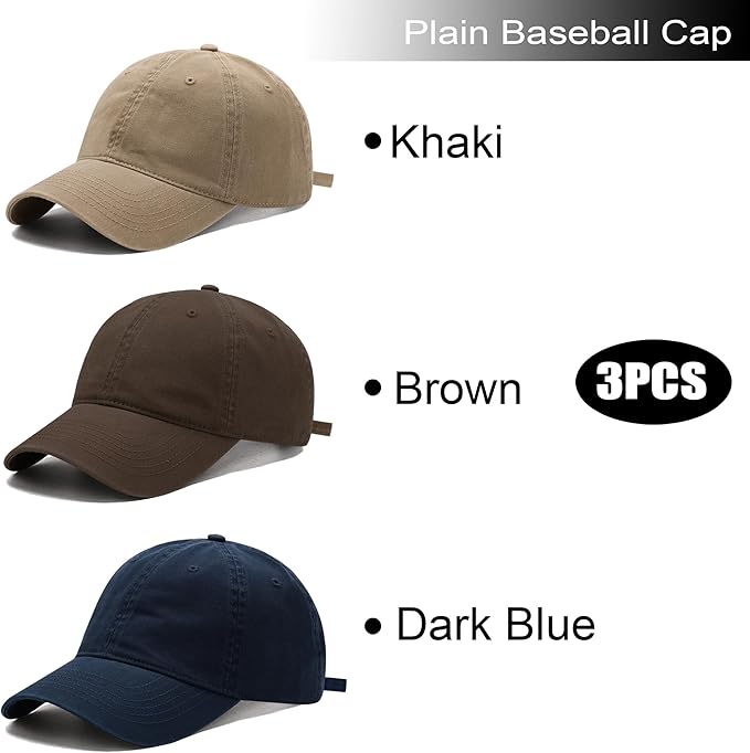 3 Pack Washed Plain Vintage Baseball Cap Cotton Adjustable Twill Bulk Low Profile Classic Dad Hat for Men/Women