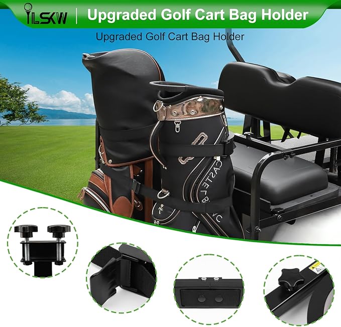 Golf Cart Bag Holder Bracket for 2+2 Seater Golf Cart Rear Seat with 1 inch Sqaure Strut, No Drilling Golf Cart Rear Bag Holder Fits EZGO, Club Car, Yamaha Golf Carts