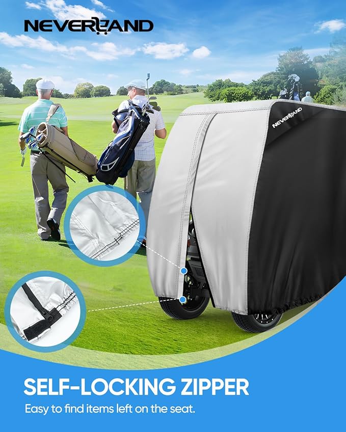 NEVERLAND Golf Cart Cover 4 Passenger - Outdoor Waterprood Golf Cart Covers, 420D Club Car Covers with Air Vent Compatible with EZGO Yamaha Club Car 4 Seat (Up to 112 Inch)-Black+Sliver