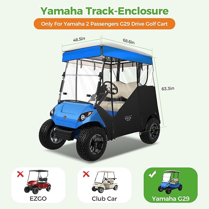 10L0L 2 Passenger Track-Style Enclosure Cover for Yamaha G29 Drive/Drive 2, Waterproof 600D Polyester Rain Shelter with Pre-Drilled Awning Track, 3-Piece Zip-Off Design, Roll-Up All Sides,Valance