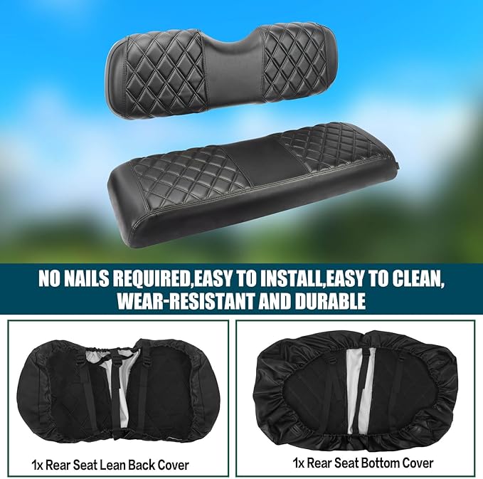 NOKINS Golf Cart RS Diamond Seat Cover for Standard Seat Cushion Aftermarket Back Seat Kit, No Staples Required,Golf Cart Vinyl Replacement Seat Cover Black Stitching