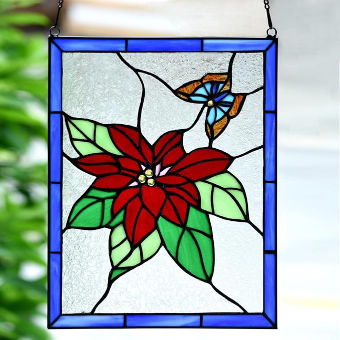 PA0020 Christmas Flower Stained Glass Hanging Panel-10 Wx13.25 H Window - Image 3