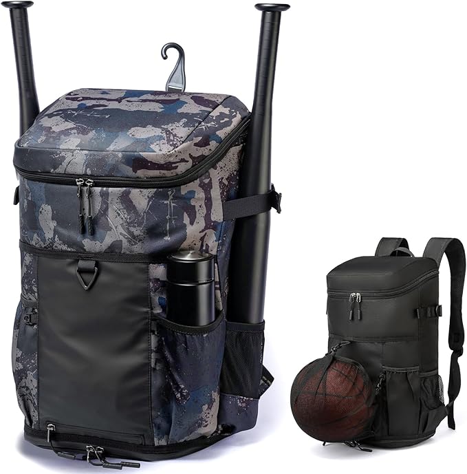 TUGUAN Baseball Backpack Equipment Bag for Adult with 2/4 Bat Holder & Fence Hook Lightweight Mens Softball Bag with Shoes Compartment Coaches Catchers Team Baseball Gear Bags Youth Boys
