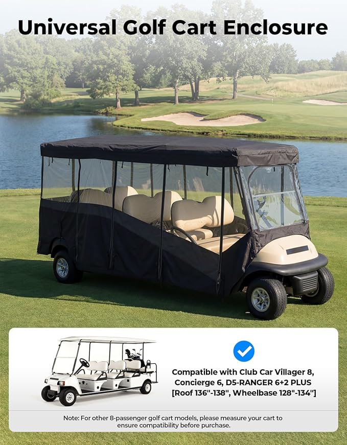 KEMIMOTO Golf Cart Enclosure 8 Seat, 600D Waterproof Golf Cart 8 Passenger Enclosure with Clear Windshield Compatible with Club Car Villager, Evolution D5-Ranger, Concierge