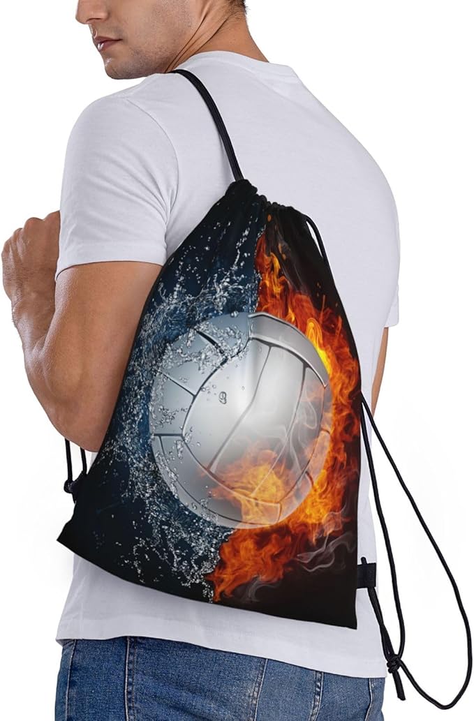 Volleyball Drawstring Bag Sports Drawstring Backpack for Kids Teens Boys Girls Adults Women Men, Sport Gym Swim Travel Work Hiking Daypack Bag with Water and Fire Pattern Printed, Small