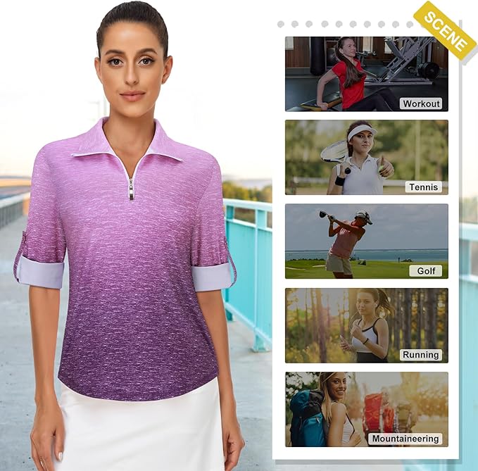 Koscacy Women's 3/4 Roll Sleeve Golf Tennis Polo Shirts UPF50+ Half Zip Dry Fit Workout Tops Athletic Shirt