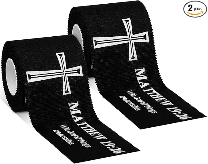 MiniInflat 2 Pcs Christian Cross Athletic Tape Sports Tape 2in x 23ft Religion Jesus Wrist Wrap for Soccer Football Baseball, Gift for Graduation Teacher Nurses Week Pentecost(Black,Matthew 19:26)