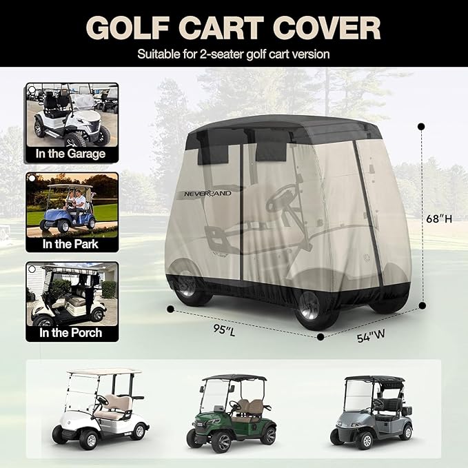 NEVERLAND Golf Cart Cover 2 Passenger - Outdoor Waterprood Golf Cart Covers, 420D Club Car Golf Cart Covers With Air Vent&Zipper Compatible with EZGO Yamaha Club Car 2 Seat (Up to 95 Inch)Black+Brown