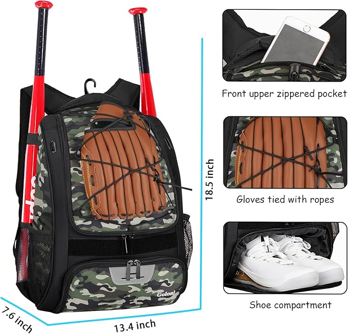 Goloni | Baseball Backpack,Baseball Bag for Adult,Softball Bat Bag with Shoes Compartment,Large Main Compartment for Helmet & accessories, Fence Hook