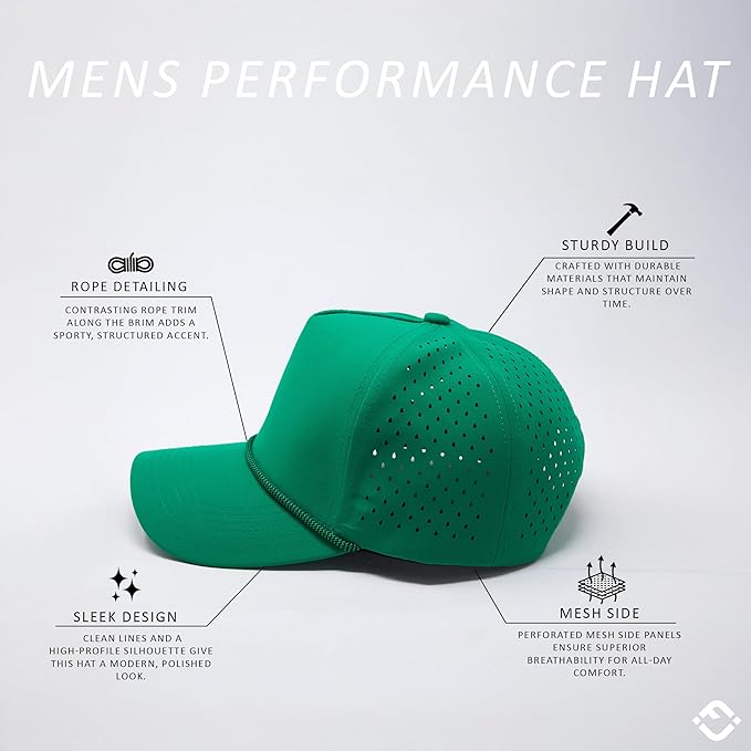 Funky Junque Performance Waterproof Golf Rope Hat – Cool Breathable Workout 5 Panel Snapback Cap for Men