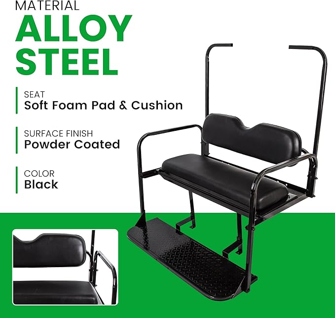 ECOTRIC Golf Cart Folding Rear Seat Kit W/Grab Bar Compatible with 1994.5-Up EZGO TXT Models Back Flip Seat Black