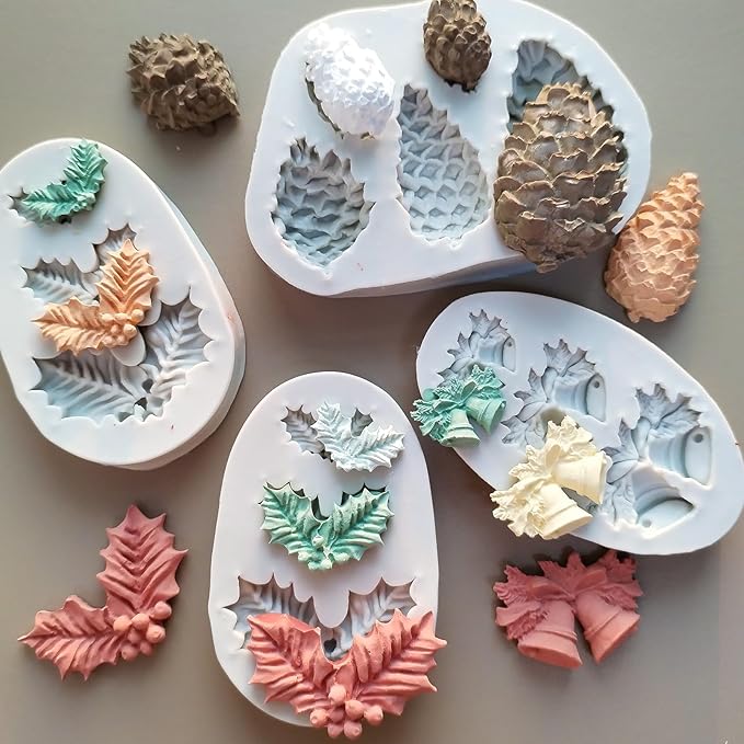 4PCS Christmas Fondant Molds, Christmas Holly Leaves Bells Pinecone Silicone - Image 3
