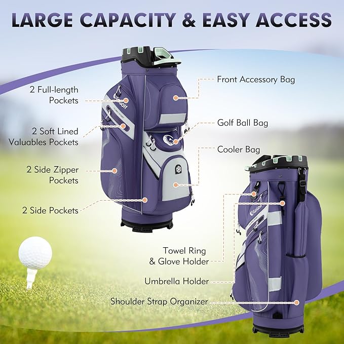 Tangkula Golf Cart Bag with 14-Way Full Length Dividers, 6 Molded Lock Top Golf Club Bag with 11 Pockets, Cooler Bag, Padded Strap, Handles, Umbrella Holder & Rain Hood