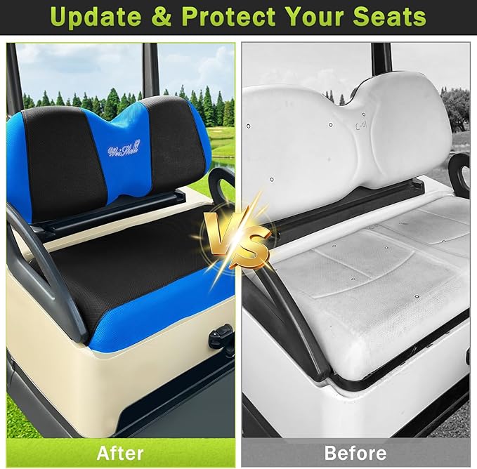 Golf Cart Seat Covers Front and Rear Set Fit for Club Car Precedent Club Car Tempo Yamaha G29 Front Seat Cushion and Aftermarket Universal Back Seat Cushion Covers Black&Blue