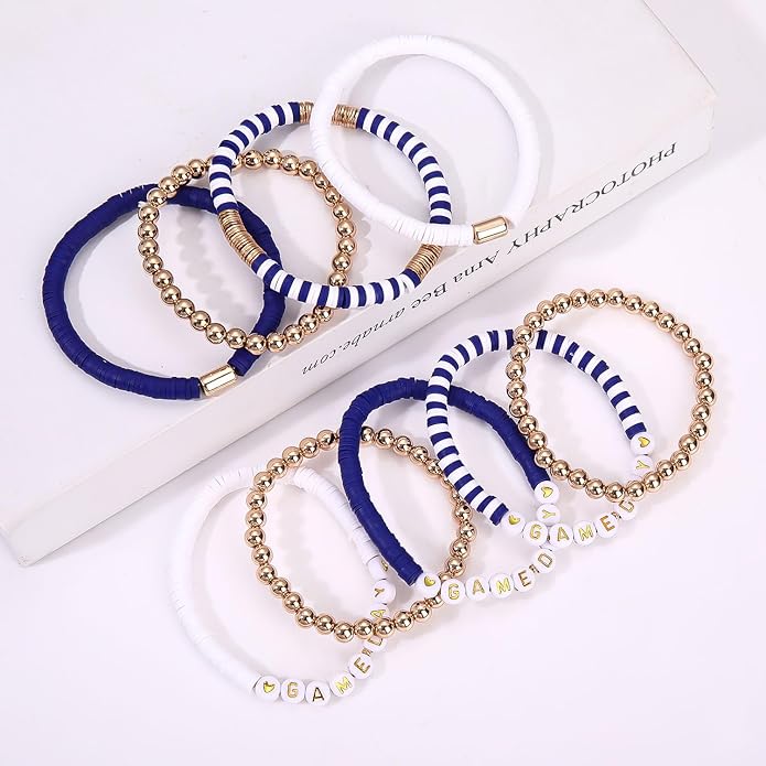 NLCAC 9 Pack Game Day Bracelets Stackable Heishi Beaded Stretchy Bracelet Preppy Jewelry Baseball Football Team Bracelets Sports Fan Accessories Gifts