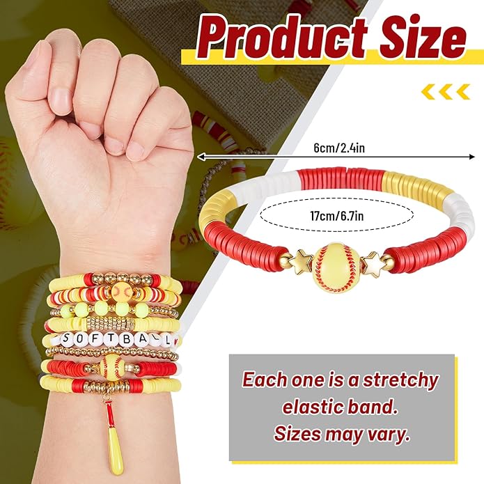 Huquary 8 Pack Sports Bracelets for Women Mom Soccer Baseball Football Volleyball Basketball Stackable Heishi Clay Beaded Bracelet Accessories Fan Outfits Jewelry Gifts for Sports Party Favor