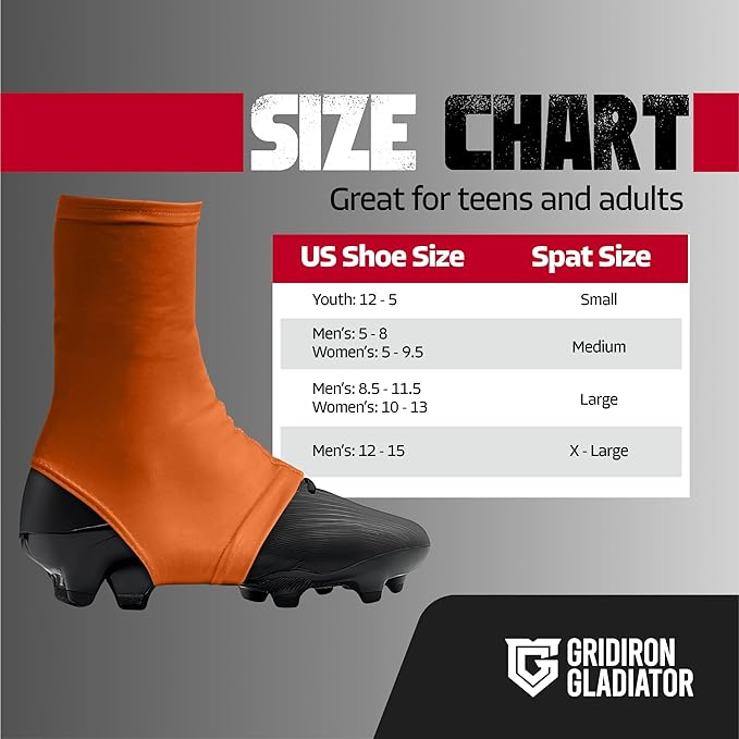 Gridiron Gladiator Football Spats - Spat Cleat Covers for Youth or Adult - Cover Cleats for Baseball Soccer Football - Shoe Sleeves - Sports Gear - Orange - Small