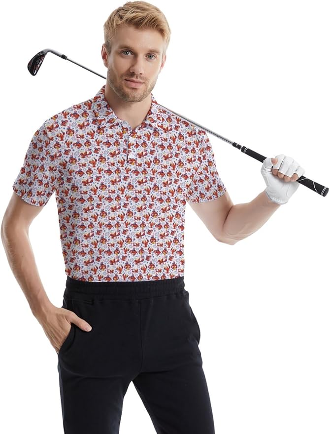 HUURAY Funny Golf Polos for Men Funny Print Short Sleeve Shirts Quick Dry Polo Shirts Hawaiian Shirt Performance Golf Outfits