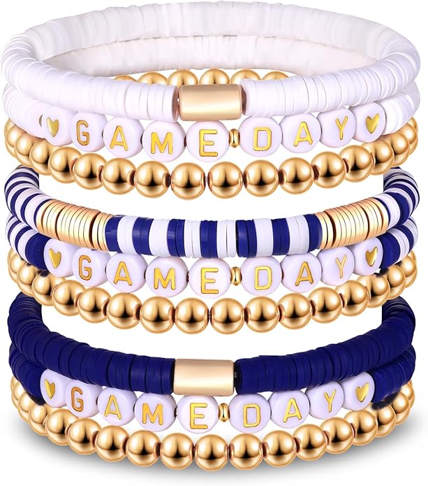 NLCAC 9 Pack Game Day Bracelets Stackable Heishi Beaded Stretchy Bracelet Preppy Jewelry Baseball Football Team Bracelets Sports Fan Accessories Gifts