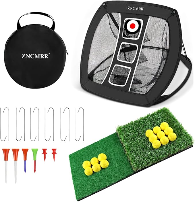 Pop Up Golf Chipping Net, Indoor/Outdoor Golfing Target Net Collapsible Portable Golf Hitting Net with 15 Training Balls and 2 Hitting Mats for Backyard Driving and Swing