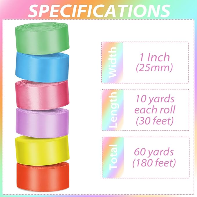 1 Inch Rainbow Satin Ribbons for Crafts, 6 Rolls Single-Faced Rainbow Assorted - Image 2