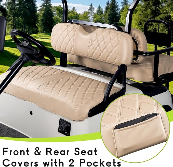 Golf Cart Seat Cover Front and Rear Set of 2 Fit for EZGO RXV OEM Ordinary Seats No Nails Easy to Install & Clean Beige Vinyl Leather Seat Covers