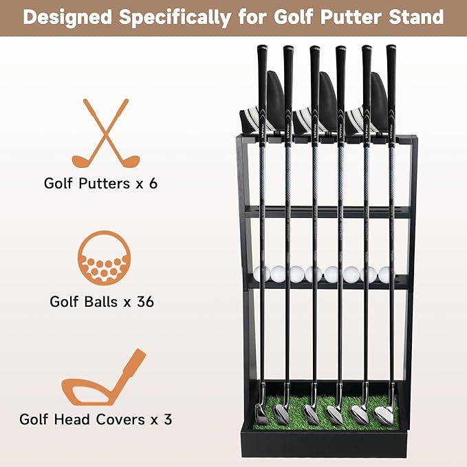 Golf Putter Stand, Golf Club Holder for 36 Balls Tray Storage & 6 Clubs & 3 Head Covers, Display Rack Organizer for Home Indoor Outdoor Office