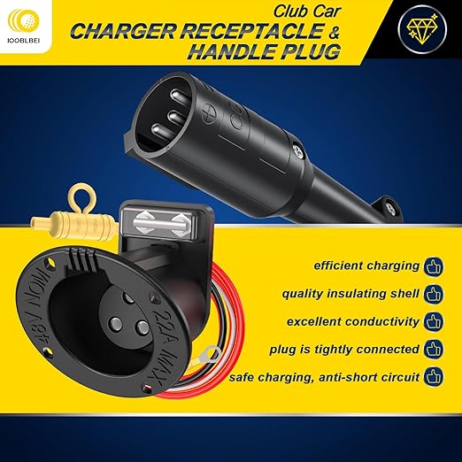 Club Car 48V Charging Port and Plug, Golf Cart Charger Receptacle with Cord and Handle Plug for 2004-2013 Club Car DS, Club Car Charger Socket Plug Replace OEM# 101828901, 101802101, 101846801