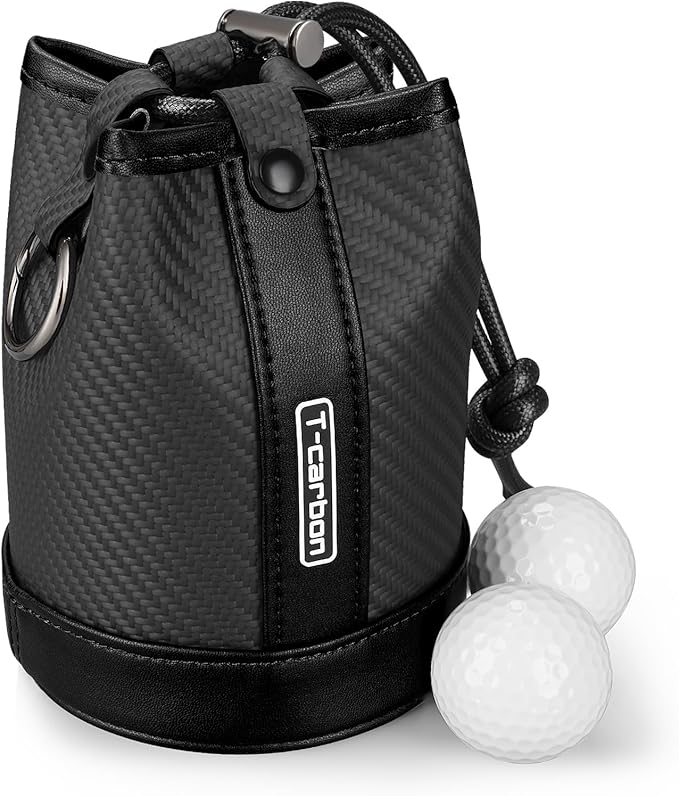 T-carbon Travel Gear Professional Valuables Golf Pouch;Bucket Waist Design Bag with Drawstrings;Carbon Fiber and Leather Golf Tee Bag for Glofers Men Women Very Practical Black
