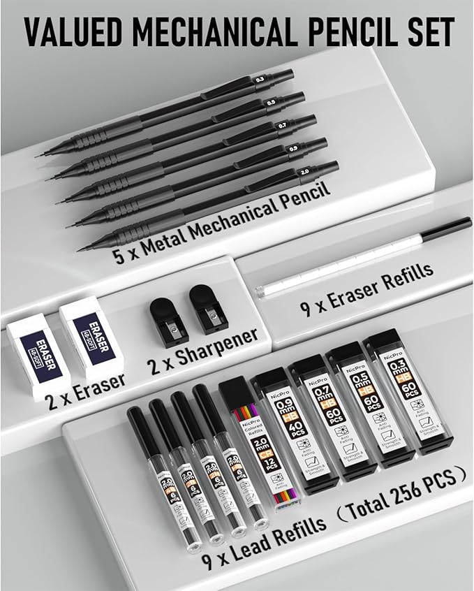 Nicpro Black Art Mechanical Pencil Set, 0.9 mm & 2mm Graphite Lead Holder - Image 7