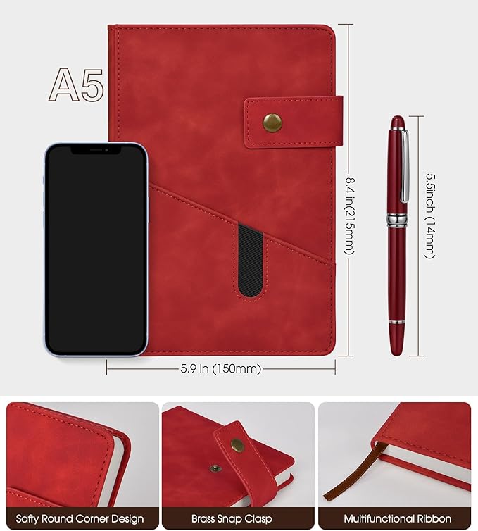 Red A5 Lined Leather Journal Notebook - Image 2