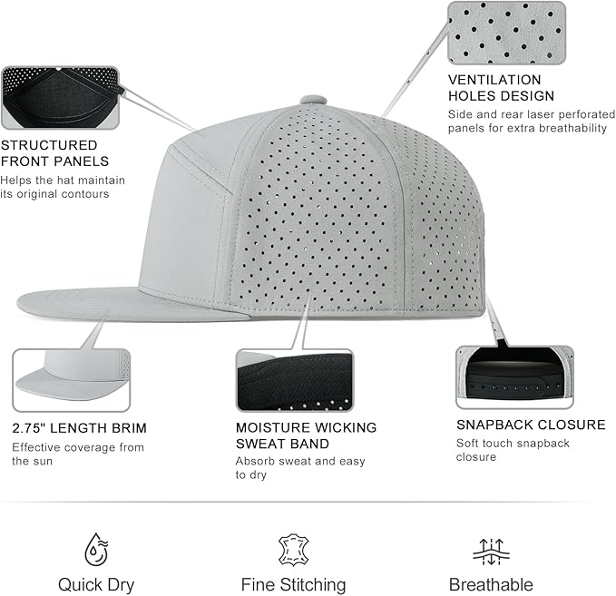 FEINION Men Flat Brim Adjustable Performance Hat Snapback Laser Perforated Baseball Cap