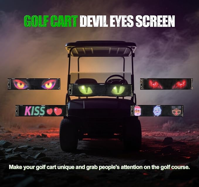Golf Cart Devil Eyes Light Sign Screen, Programmable-Animations Flexible Screen for Golf Cart Windshield, DIY Dynamic text, graffiti, patterns With App&Remote Control, 23.4"x4.7" Windshield Decoration