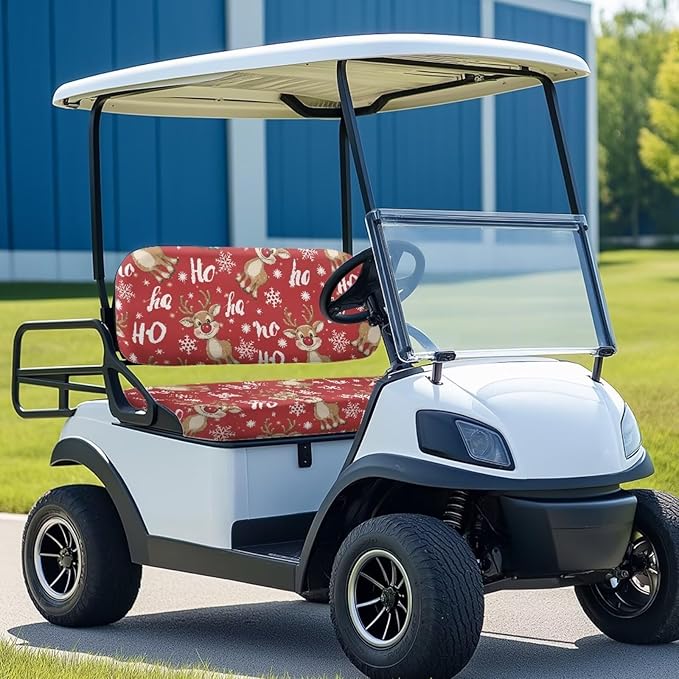 Yewatlles Christmas HOHOHO Deer Golf Cart Seat Covers Kit, Fit for Club Car Precedent Ordinary Front Seat Cushion, Golf Cart Polyester Seat Cover, No Nails Required