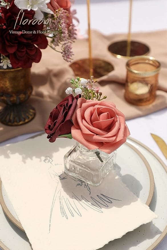 Floroom Artificial Flowers 25pcs Real Looking Burgundy & Pinky Cedar Foam Fake - Image 4
