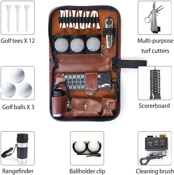 Golf Accessories Kit Gifts for Man and Women，Golf Tools Bag with Rangefinder, Multi-Function Tools, Balls, Brushes, Scorekeeper, Shafts, Clips