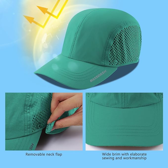 BASSDASH UPF 50+ Foldable Fishing Hat Baseball Cap with Removable Neck Flap Portable for Men Women Golf Hiking