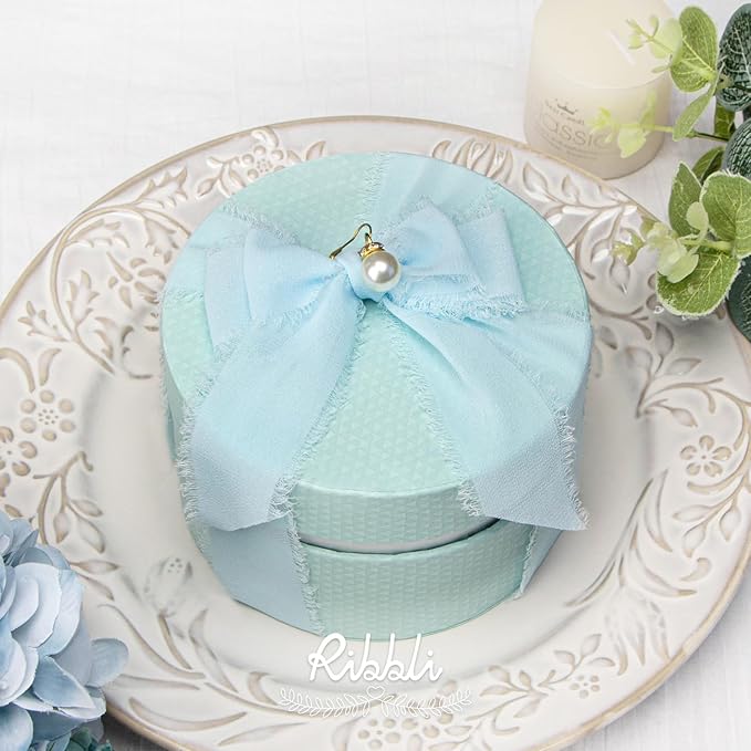 Ribbli Ice Blue Chiffon Silk Ribbon, 1-1/2 inch x 20 Yard, Handmade Fringe - Image 3
