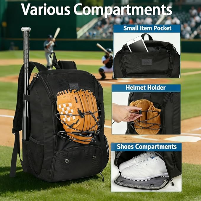 MATEIN Baseball Backpack, Softball Bat Bag with Shoes Compartment for Youth, Boys and Adult, Lightweight Baseball Bag with Fence Hook Hold TBall Bat, Batting Mitten, Helmet, Caps, Teeball Gear