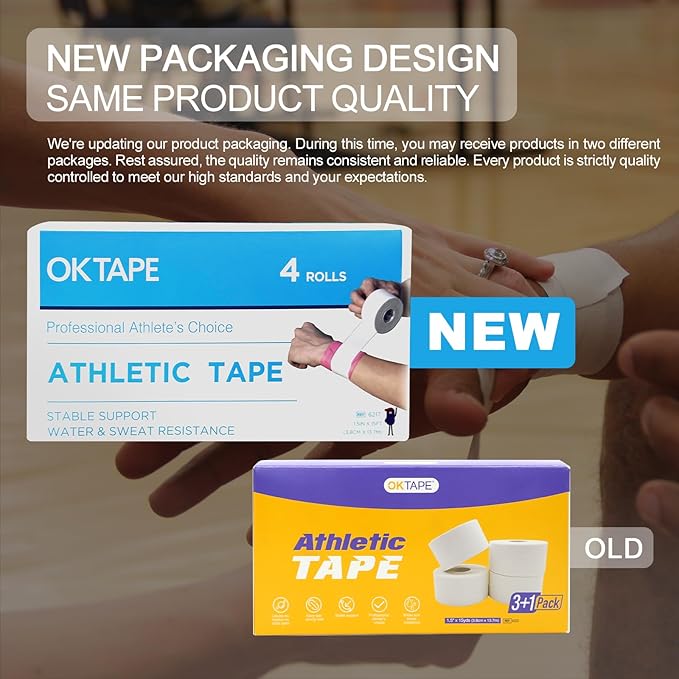 OK TAPE Athletic Sports Tape（4 Packs - 45ft Per Roll Very Strong Tape for Athlete & Sport Trainers & First Aid Injury Wrap, Perfect for Fingers Ankles Wrist on Bat, Hockey Stick - Red