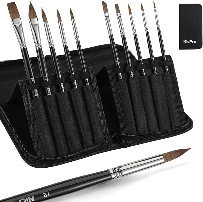Nicpro Kolinsky Sable Watercolor Brushes, Round Pointed, Cat's Tongue Oval Wash by Nicpro