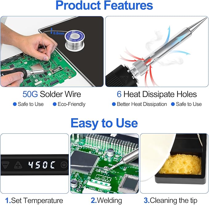 120W LED Soldering Iron Kit, 7s Fast Heating Adjustable Temp 356-968℉ Auto - Image 5